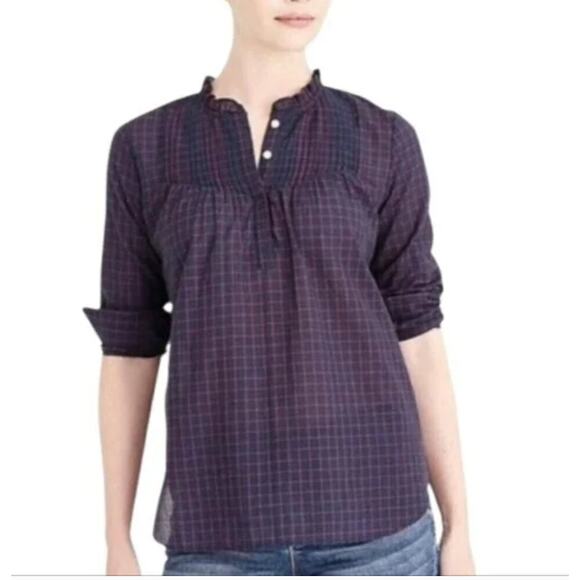 J. Crew Blue Red Windowpane Cotton Poplin Pintuck Popover Blouse Top Shirt 0 XS - Picture 1 of 9